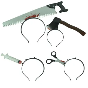 Halloween horror quirky prank headband piercing saw axe syringe scissors props for party decor.