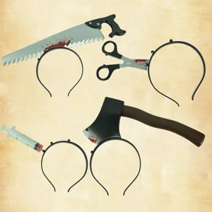 Halloween funny prank headband scary costume prop with fake saw axe syringe scissors toys