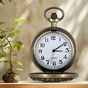 Vintage bronze pocket watch quartz clock with 24 hour dial arabic numerals retro style