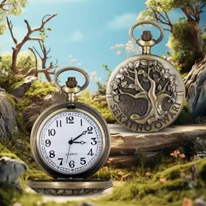 Vintage bronze pocket watch with tree of life design and quartz analog dial display.