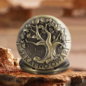 Vintage Bronze Black Pocket Watch Tree Of Life Relief Quartz Pocket Watch With Chain Retro Pendant Watch Jewelry