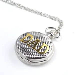 Montre de Poche à Quartz Creuse Bronze Argent Vintage Avec Chaîne DAD Gravé Montre Pendentif Rétro Horloge à Quartz Cadeau pour Homme
