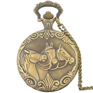 Vintage bronze quartz pocket watch detail showing exquisite embossed three horses design and chain.