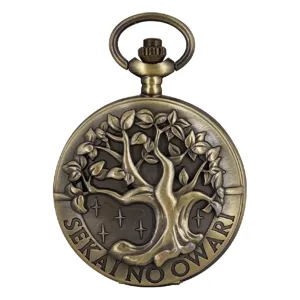 Vintage bronze quartz pocket watch with tree of life embossed cover and band text design.