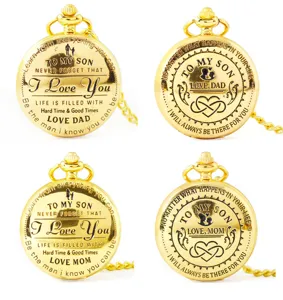 Gold pocket watch detail view, engraved message to son, vintage metal pendant accessory.