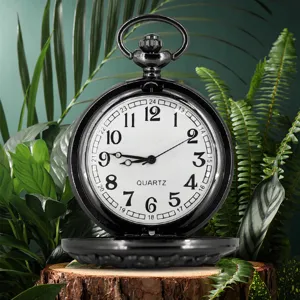 Vintage black pocket watch detail quartz movement retro white dial classic timepiece