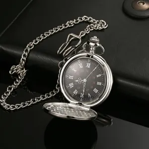 Antike silberne Quarz-Taschenuhr mit Kette, klassisches schwarzes Zifferblatt mit römischen Ziffern.