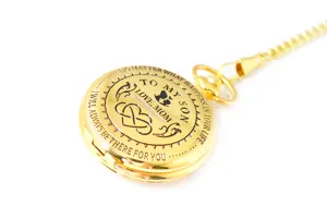 Vintage gold pocket watch with engraved love message, classic gift for son with chain.