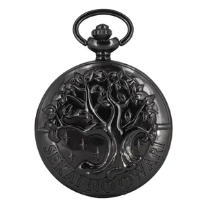 Vintage black quartz pocket watch with tree of life embossed design and classic retro style.