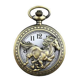 Vintage bronze running horse quartz pocket watch hollow carved retro pendant necklace clock.