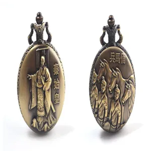 Reloj de bolsillo de cuarzo bronce vintage con diseño de relieve histórico chino de aleación.