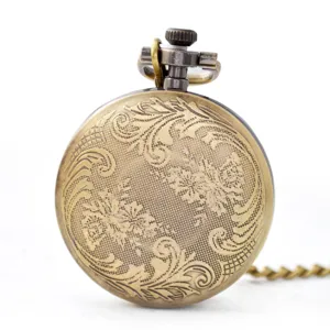 Vintage bronze quartz pocket watch with floral engraving and matching chain for unisex use.