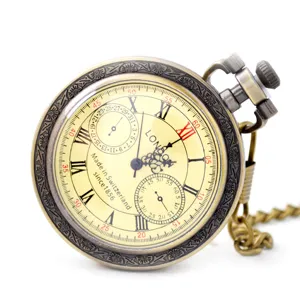Vintage bronze quartz pocket watch with Roman numerals and chain, classic retro timepiece.
