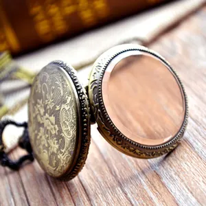 Vintage bronze pocket watch with brown faceted glass cover, retro open-face unisex casual gift.