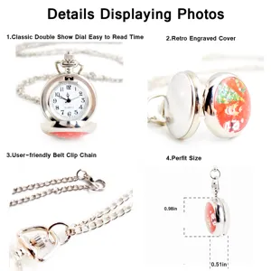 Vintage Christmas style necklace pocket watch featuring white steel chain and dial.