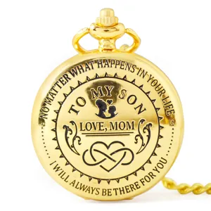 Vintage gold pocket watch with engraving gift for son, classic antique quartz timepiece.