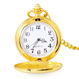 Vintage gold pocket watch with quartz movement, white dial and classic chain accessory.