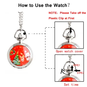 Detail view showing instructions on how to use the Christmas themed necklace pocket watch.