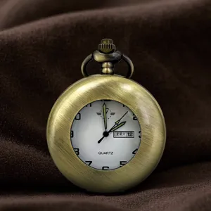 Orologio da tasca al quarzo in bronzo vintage con quadrante bianco e display della data.