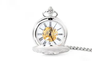 Classic silver mechanical pocket watch with skeleton dial and roman numerals, elegant vintage style.