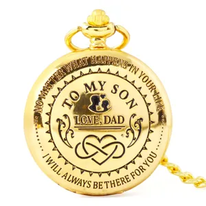 Classic gold pocket watch for son with engraved sentimental message, vintage gift.