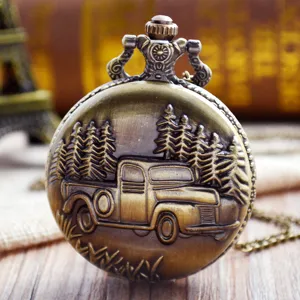Vintage bronze pocket watch featuring a 3D truck and pine tree relief design for unisex.