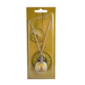 Detailed view of Christmas themed pocket watch necklace with metal chain and festive dial.