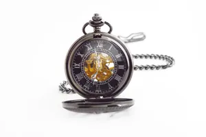 Vintage black mechanical pocket watch with roman numerals and skeleton dial for men women