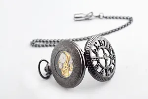 Vintage mechanical pocket watch with hollow numerals and chain for men and women