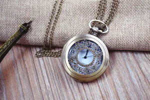 Vintage bronze hollow carved quartz pocket watch with long chain for men and women necklace