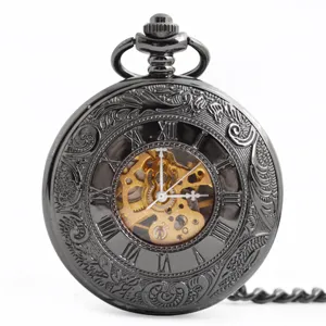 Orologio da Tasca Meccanico Vintage Design Cavo Numeri Romani Doppio Coperchio Con Catena Retro Nero Uomini Donne Orologio
