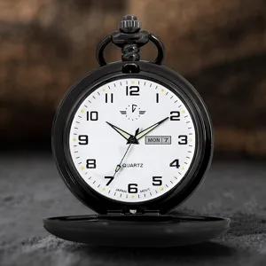 Classico orologio da tasca al quarzo nero con quadrante bianco, numeri arabi e doppio calendario.