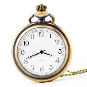 Vintage bronze quartz pocket watch with classic white dial and matching chain for daily wear.