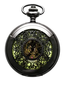 Vintage mechanical pocket watch with intricate hollow floral design and gunmetal finish.