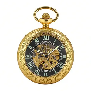 Vintage gold skeleton mechanical pocket watch with Roman numerals and ornate carved case design.