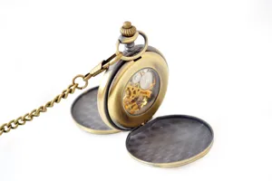 Vintage Bronze Mechanical Pocket Watch with Chain Double Open Gear Hollow Design