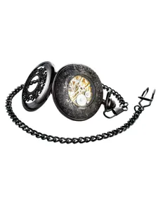 Detailed close-up shot of vintage mechanical pocket watch with hollow carved floral cover.