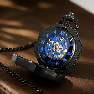 Vintage Hollow Carved Octagonal Mechanical Pocket Watch Retro Roman Numerals Skeleton Wind Up Watch With Chain
