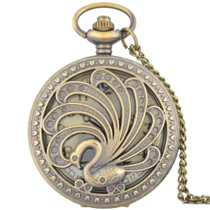 Vintage bronze hollow peacock pocket watch with chain, retro fashion antique gift item.
