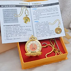 Gedetailleerd beeld van het vintage quartz zakhorloge in geschenkdoos met ketting en handleiding.