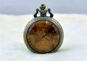 Vintage bronze pocket watch with world map dial Roman numerals quartz movement detail view