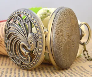 Vintage bronze hollow peacock pocket watch with chain for retro fashion clothing accessories.