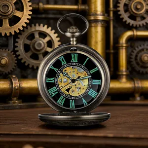 Vintage mechanical pocket watch with hollow dial, roman numerals and bronze steampunk finish.