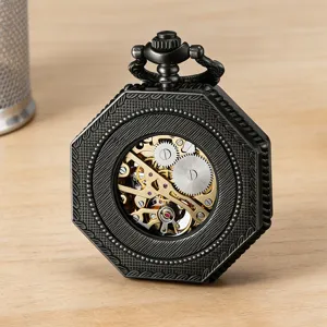 Vintage hollow mechanical pocket watch with exquisite carved octagonal case and retro gear dial.