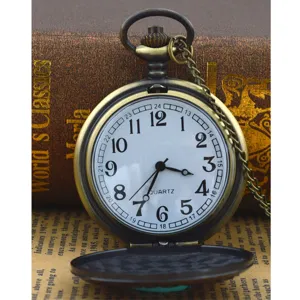 Montre de poche à quartz vintage en bronze avec chaîne, cadran blanc classique.