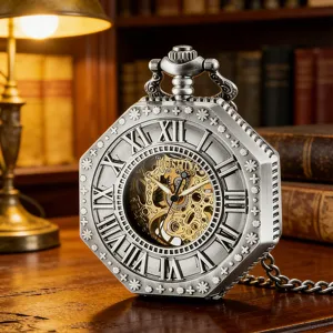 Vintage octagonal skeleton mechanical pocket watch with roman numerals and chain detail.