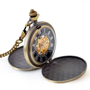 Vintage Bronze Hollow Mechanical Pocket Watch Unisex Casual Retro Pocket Watch With Chain Classic Hollow Dial