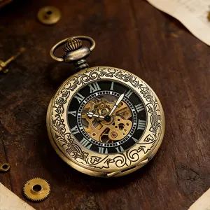 Vintage bronze automatic mechanical pocket watch with carved cover and skeleton dial for men.