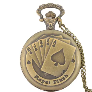 Antike bronzene Taschenuhr mit Royal Flush Pokerkarte Design, Quarzwerk und langer Kette.