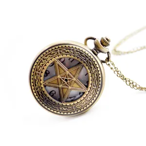 Vintage Bronze Pentagramm Quarzuhr Taschenuhr mit Kette fur Damen und Herren Retro Stil.
